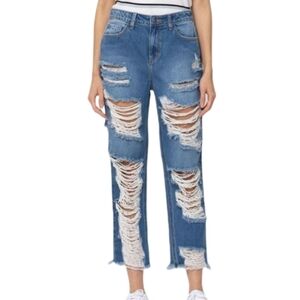 Cello Womens High Rise Destroyed Medium Wash Straight Leg Mom Jeans Size 9.